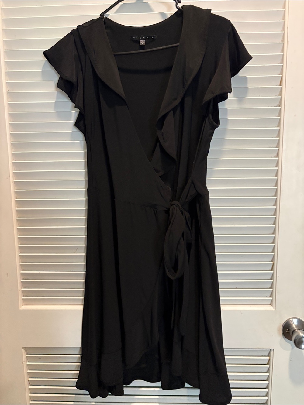 Tiana B. Black Midi Wrap Dress with Ruffle Collar